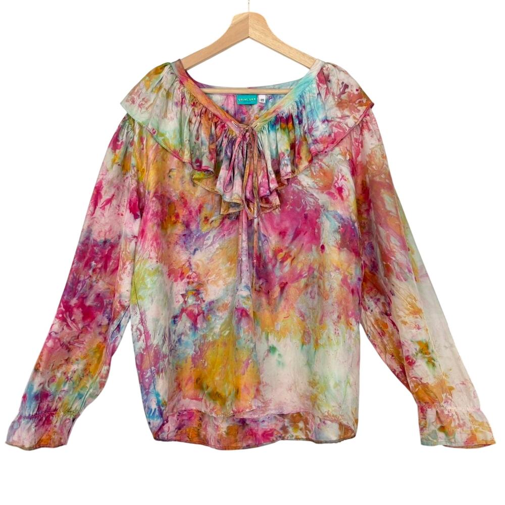 Chloe Cox OOAK Upcycled / Handmade Tie Dye Silk Ruffle Blouse- One Size NWT $164